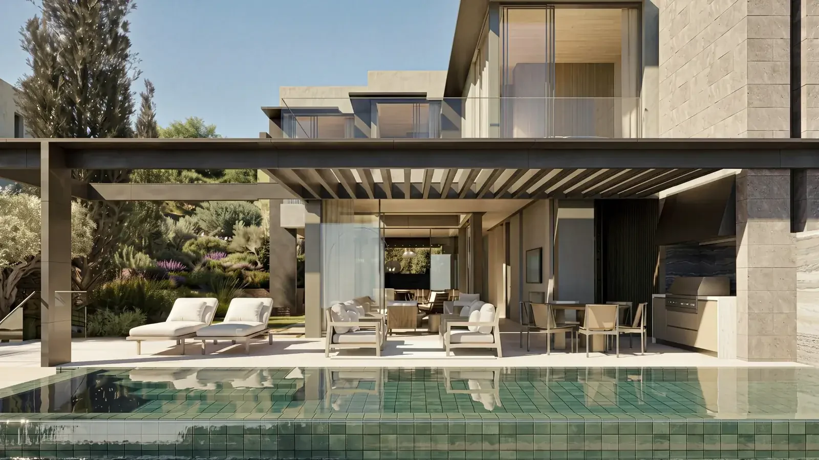 A shaded terrace opening onto a private pool at The Peaks, developer visualisation